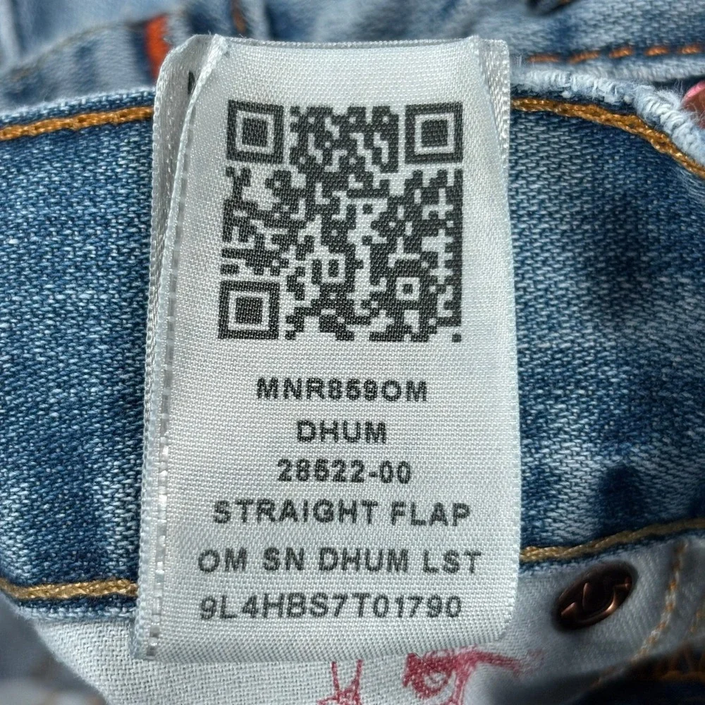 True Religion World Tour Straight Flap Jeans Mens 30 Light Wash Distressed Y2K